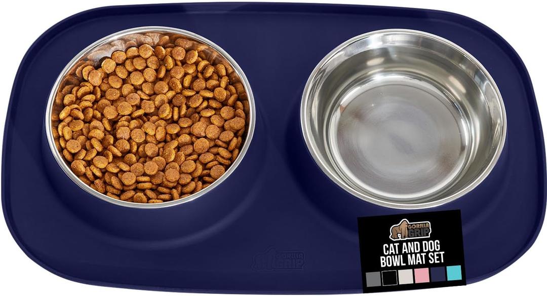 GORILLA GRIP Dog Bowl Set with Slip Resistant Silicone Feeding Mat, Food Grade 304 Stainless Steel Bowls, BPA Free, High Edge Spill Containment, Dishwasher Safe, Finger Notch Removal, 2 Cup, Navy Blue