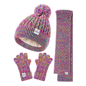 Kids Winter Hat Gloves Scarf Set,Girls Toddler Winter Hat Beanie with Pom Neck Warmer Gaiter Mittens Fleece Lined Set