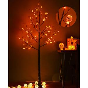 Halloween Tree, 6FT Black Spooky Outdoor Lighted With 96LED Orange Lights and 24 Pumpkin Ornaments for Halloween Christmas