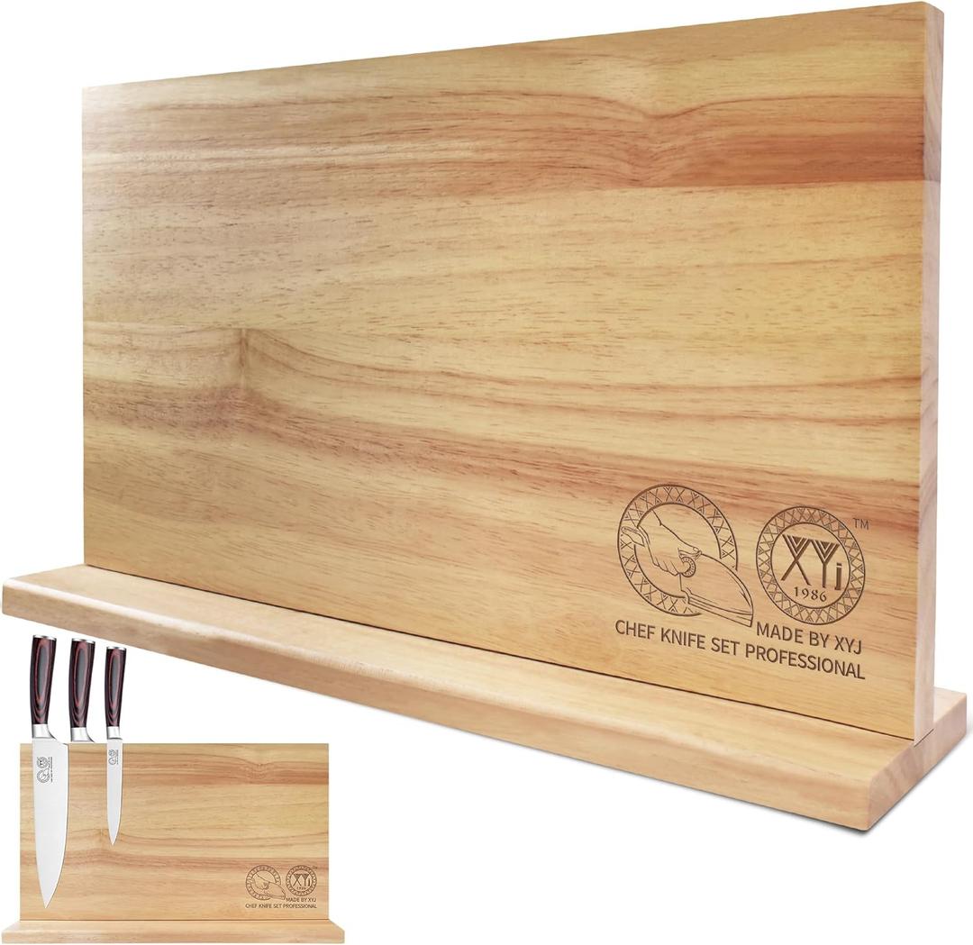 XYJ Authentic Since 1986 Magnetic Knife Block, Powerful Double-Sided Wooden Magnetic Knife Holder, Cutlery Display, Universal Kitchen Knife Stand Storage Rack Without Knives (15.5*8.7 inch, light wood color)