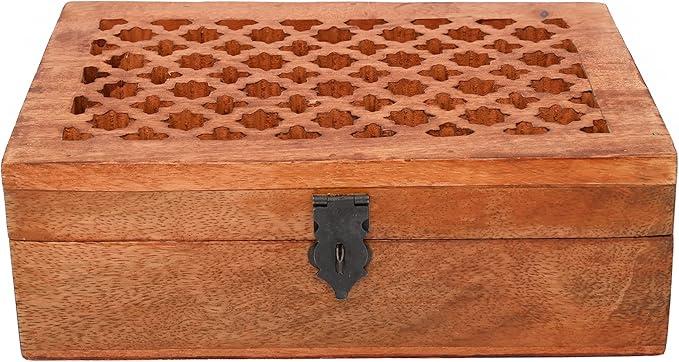 Samhita Mango Wood Decorative Wooden Box with Hinged Lid in Jali Carvings Used as Storage Box Christmas Gifts Items (9" x 6" x 3')