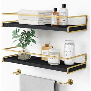 Forbena Black and Gold Bathroom Floating Shelves for Wall, Decorative Wall Mounted Shelves for Kitchen Coffee Bar Station Organizers and Storage, Hanging Shelving Unit for Bedroom Living Room (2-Pack)