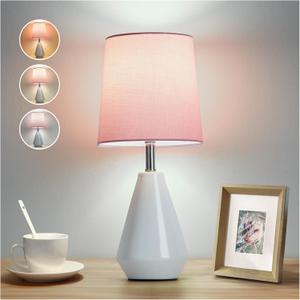 Small Bedside Table Lamp for Bedroom - Reading Desk Lamp with 3 Color Temperatures15.5" Nightstand Ceramic Lamp with Fabric Shade for Kids Room,Living Room,Dorm,Home Office (White+Pink