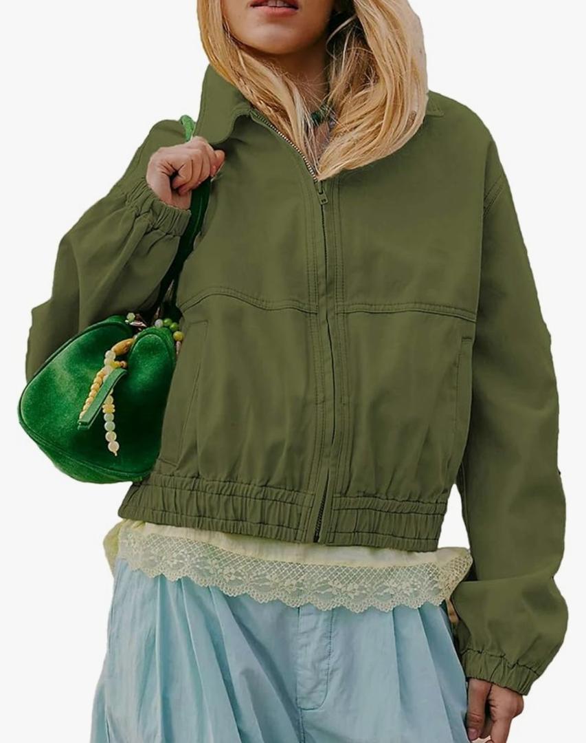 Women's Collared Long Sleeve Cropped Track Jacket Zip Up Shirts Jackets Utility Anorak Coat with Pockets, Size XL