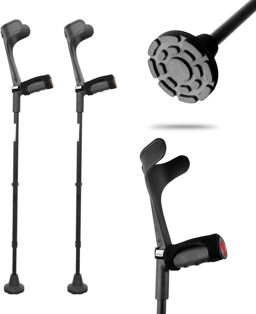 KMINA Forearm Crutches for Adults (x2 Units), Open Cuff, Extra Comfort with Hand Grip and Wide Tip, Adjustable Height, Aluminum, Orthopedic, Made in Europe