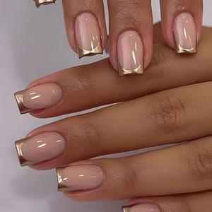 Gold French Tip Press-on Nails - Medium Square Nude Pink Glitter Design, Full Cover Artificial Luxury False Nails, 24pcs DIY Decoration Set