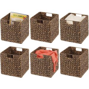 mDesign Natural Woven Hyacinth Cube Organizer Basket with Handles, Storage for Bathroom, Laundry Room Shelf or Nursery - Perfect for Cubby Storage Units - Hold Blankets and Books - 6 Pack, Brown Wash