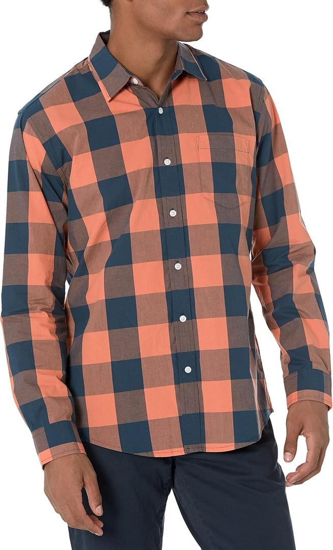 Amazon Essentials Men's Long-Sleeve Casual Poplin Shirt (Navy Orange Buffalo), XS