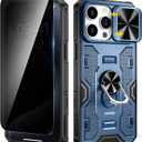 VEGO for iPhone 15 Pro Max Case with Camera Cover, 360Rotatable Ring Kickstand & Privacy Screen Protector Upgraded Military Grade Shockproof Case for iPhone 15 ProMax 5G 6.7 Inch - Dark Blue