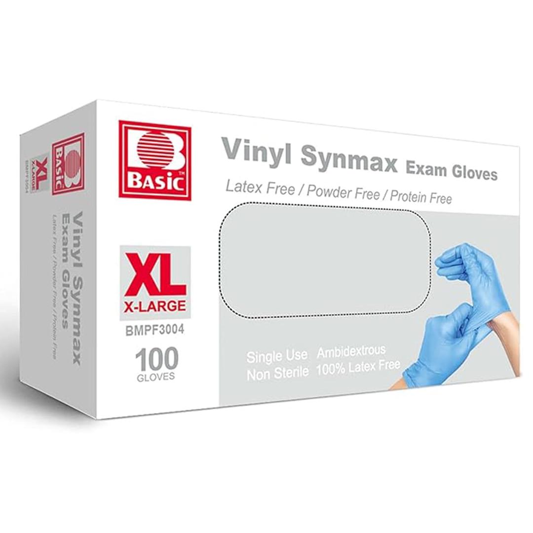 Basic Medical Synmax Vinyl Exam Gloves - Latex-Free & Powder-Free - X-Large, BMPF-3004 Blue Box of 100