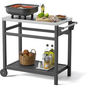 TORVA Outdoor Prep Grill Carts, 303 Stainless Steel Tabletop with High Load Capacity Portable BBQ Table, HDPE Durable Frame 2-Tier Storage Cart, Grey