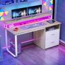 DWVO Computer Desk with Drawers, 47.2" Office Desk with Power Outlets & LED Light, Home Office Desk with Storage Shelves, White & Oak