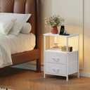 Somdot Nightstands Set of 2,End Tables with Charging Station and LED Lights,Night Stand with 2 Fabric Drawers, End Table with Open Shelf, Small Nightstand for Bedroom, White Leather, 11.8"D x 15.7"W x 23.6"H