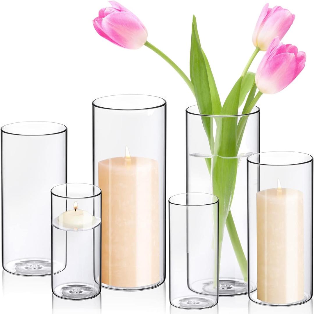 WDHODEC Cylinder Flower Vases 6PCS, Hurricane Candle Holders Pillar Votives Floating Candles Holder, Clear Glass Vase for Wedding Party Decoration 10" 7.8" 6" (M+L+XL)