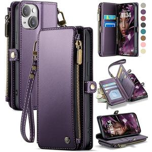 Defencase Compatible with iPhone 14 Case Wallet with RFID Blocking Card Holder for Women and Men, Fashion PU Leather Magnetic Snap Flip Zipper Strap Wallet Phone Case Fit for iPhone 14 6.1", Purple