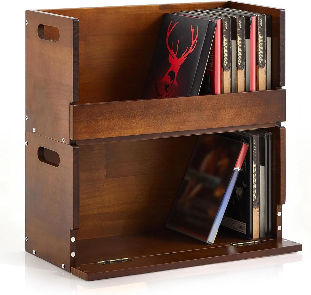 2 Set Wooden DVD Storage Box DVD Storage Shelf Holder Solid Wood Cassette Tape Display Organizer with Carrying Handle for CD, Movie Cases, Each Organizer Can Store up to 26 Boxes (Brown)