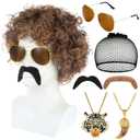 Mepase 7 Set 70s 80s Disco Wig with Mustache Glasses Fully Roaring Tiger Disco Necklace Golden Pendant Chain Short Curly Hair Afro Men Wig for 70s 80s Hip Hop Costume Halloween Cosplay Use