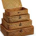 Set of 4 Seagrass Basket with Lid Wicker Storage Basket Decorative Storage Boxes with Lids Flat Storage Bins Woven Organizer Baskets for Shelf Closet Bedroom, 4 Sizes (Brown)