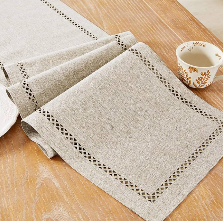 Burlap Style Farmhouse Table Runner, 13 x 36 Inch Coffee, Rustic Geometric Hollow Table Runners 36 Inches Long for Dresser Table Everyday Use