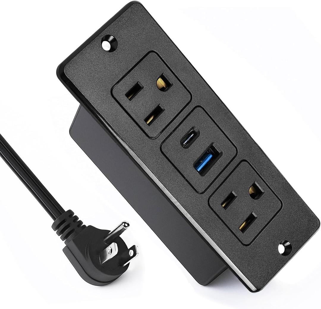 20W Recessed Power Strip USB, 2 AC Outlets + 1 USB-C + 1 USB-A Ports, 6ft Cord, Space Saving Furniture Outlet for Desk/Bedside/Kitchen/Drawer (18W USB-A & 20W USB-C Fast Charge)