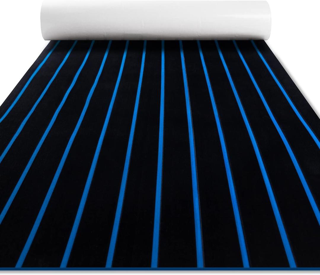 Fullfire Boat Flooring - EVA Foam Boat Decking - Faux Teak Marine Mat Self-Adhesive Marine Carpet for Motorboat RV Yacht Kayak 94" x 47"/35"/16" (Black With Blue Lines)