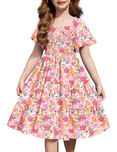 Arshiner Tween Girl Pink Floral Easter Summer Dresses Beach Tiered Midi Dress with Pockets for 9-10 Years