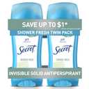 Secret Antiperspirant and Deodorant for Women, 24hr Sweat & Odor Protection, PH Balanced Protection, Gentle on Skin, Invisible Solid, Shower Fresh Scent, 2.6 oz (Pack of 2)