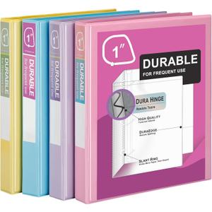 Zzrywuty Durable 3 Ring Binder, 1 Inch, Economy 4 Pack, Each Holds 225 Pages, D-Ring Presentation View Binders for Office, School, Home (Pastel Assortment)