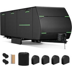 Heavy Duty RV Cover 18-20 Ft Travel Trailer Cover, Camper Cover Waterproof 20 Ft 19 Ft 18 Ft, 5 Layers with Zippered Door, Tongue Jack Cover, Gutter Cover, Tire Cover, Straps,300D Oxford Top