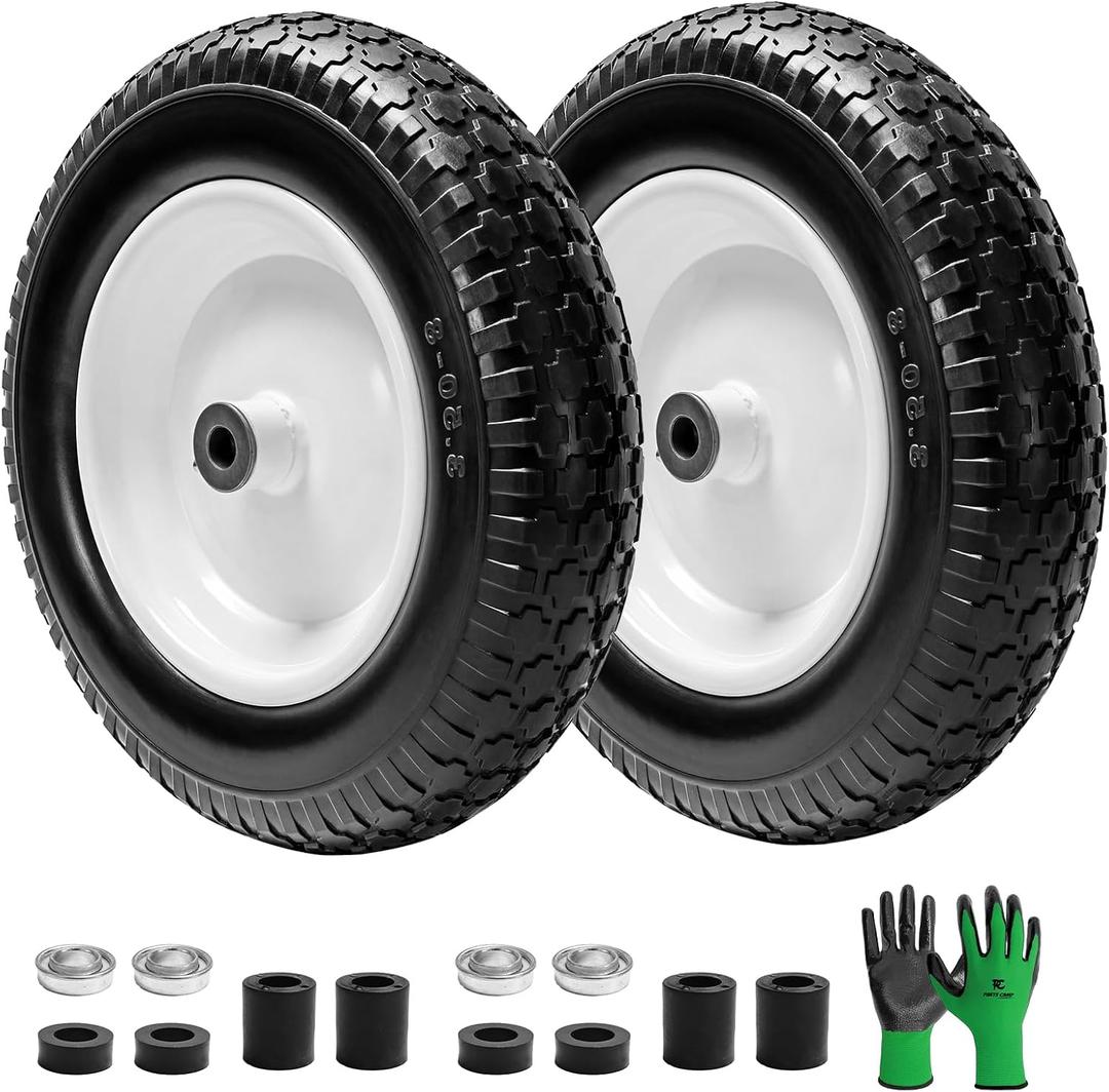 Parts Camp Wheelbarrow Tires,3.50-8" Flat-free Solid Tire and Wheel,Universal Fit 14.5" Wheelbarrow Tire For Garden Carts/Wheelbarrows/Trolley Dolly With 5/8" Axle Bore Hole,3" Centered Hub(2 Pack)