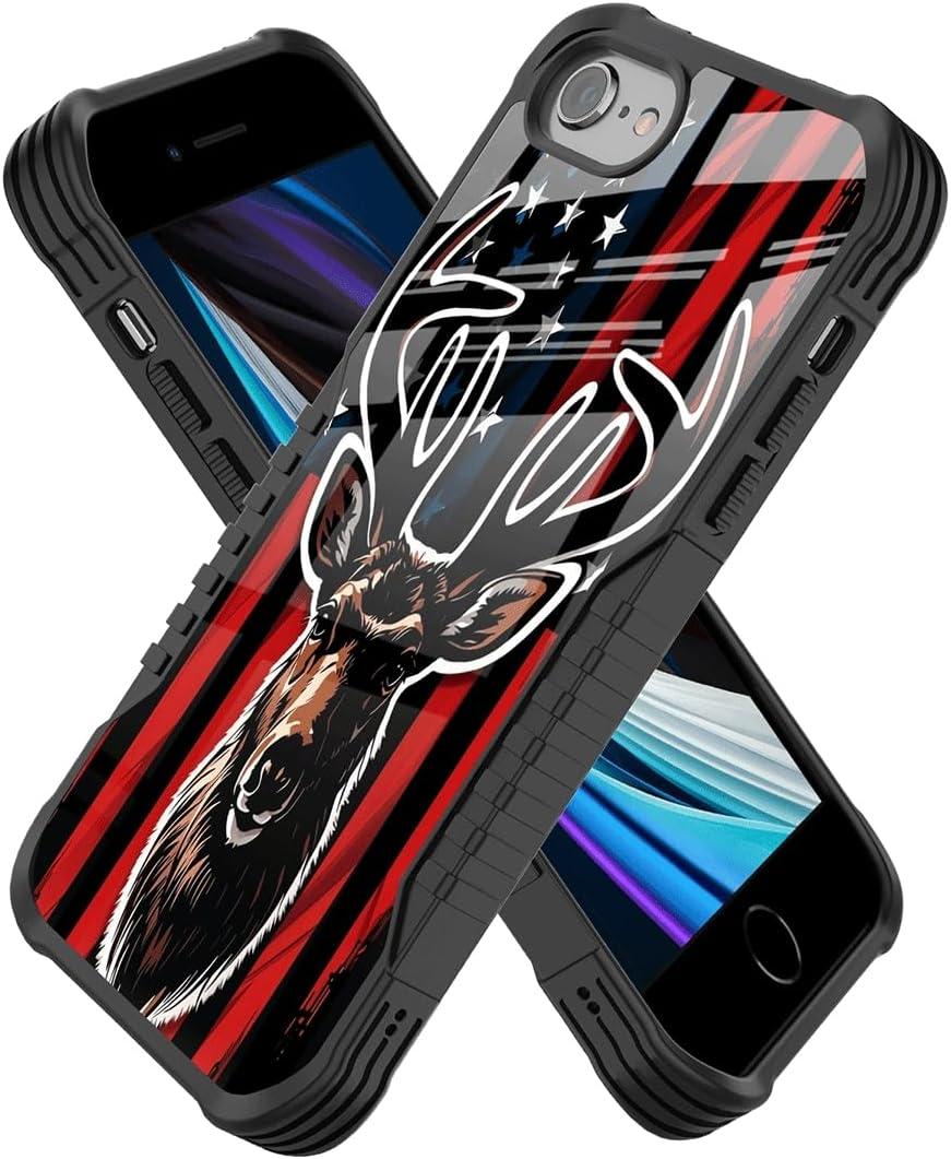 Compatible with iPhone se 2022 2023 6/7/8 Case Anti Slip Shockproof Hard PC Back Soft TPU Prevention Protective Case, Unique Design Fashion Print for Men Women - Flag Elk