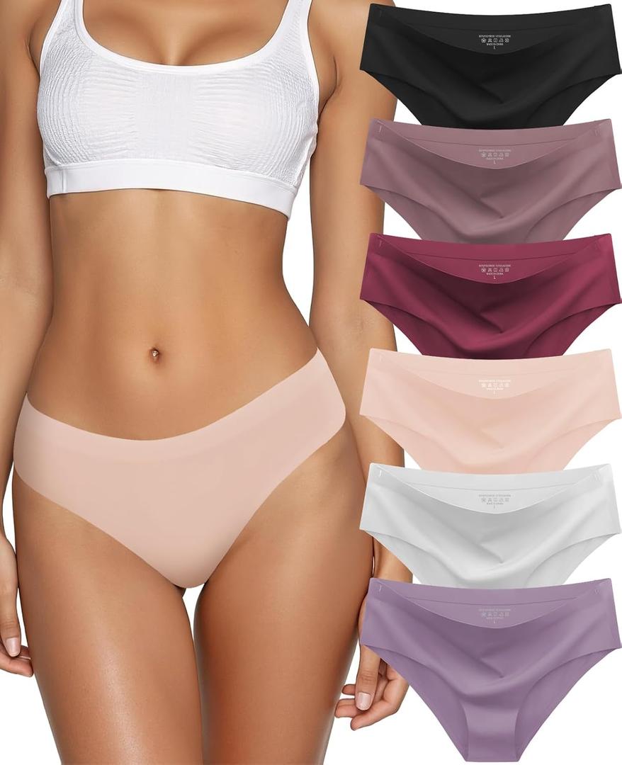 Seamless Underwear for Women No Show Hipster Bikini Panties Low Rise Cheeky Breathable Soft Invisible Briefs 6 Pack (Black, L)
