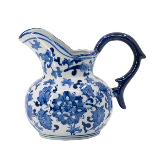 A&B Home Ceramic Pitcher with Handle-Coffee Milk Creamer Pitcher for Kitchen, Flower Pattern Blue & White Porcelain Jar, 9" x 6" x 8"