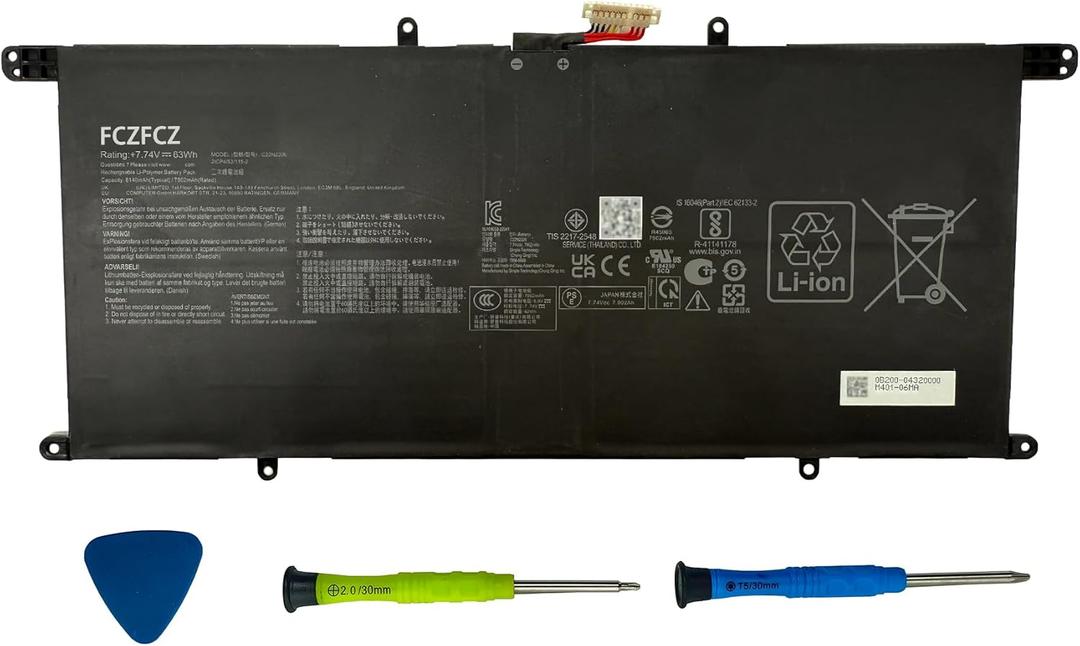 C22N2206 Laptop Battery 63Wh 8140mAh Replacement for Asus ZenBook S 13 OLED / UX5304 UX5304VA UX5304MA Series 0B200-04320000 2ICP4/53/115-2 7.74V 4-Cell