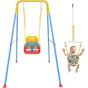 2 in 1 Toddler Swing & Baby Jumper, Foldable Baby Bouncer with Soft Cushion, Foldable Indoor & Outdoor Use, Easy to Install & Store Swing Sets for Backyard Play (Blue)