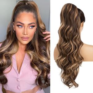 Drawstring Ponytail Hair Extensions Wavy Long 26 Inch Synthetic Fake Hairpiece for Women Dark Brown/Golden Blonde