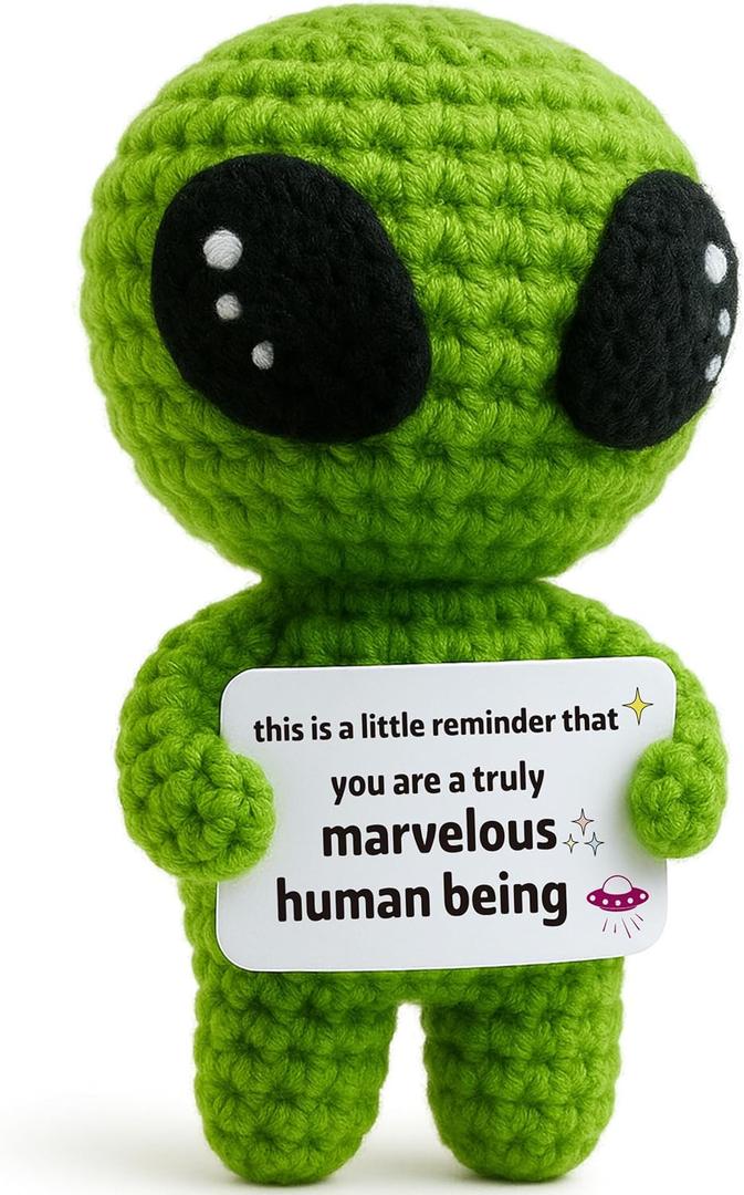 Galentines Day Positive Appreciation Gifts for Women Men Friends - Valentine's Emotional Positive Support Funny Gag Crochet Alien Plush Pickle Birthday for Her Him Stuffers Offcie Decoration (Marvelous Human Being)