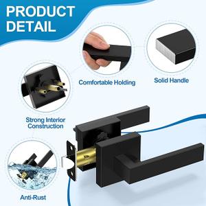 Matte Black Door Handles Interior, Passage Door Knobs Closet Door Levers for Hallway, Heavy Duty Square Doorknob Non-Locking Handlesets for Left & Right Sided Doors