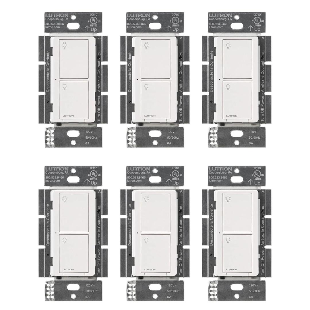 Lutron Caseta Original Smart Light Switch (Lutron Smart Hub Required), for Home, LED Lights, and Fans, 6 Amp, Single-Pole/3-Way, Neutral Required, PD-6ANS-WH-6-Pack, White, 6 Pack