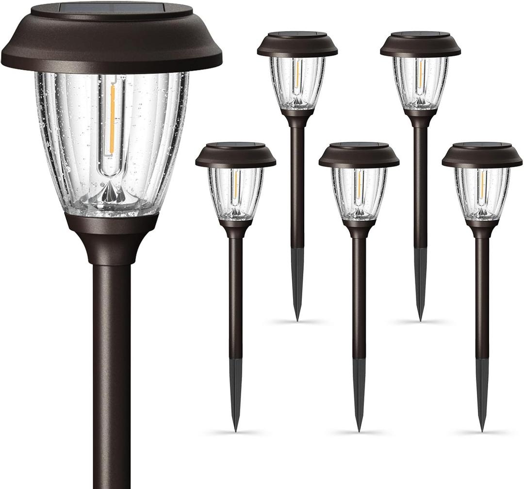 XMCOSY+ Solar Pathway Lights Outdoor, Glass & Stainless Steel Garden Lights with 2 Lighting Modes (10/25 LM), IP65 Waterproof, Warm White for Yard, Walkway, Driveway, Patio & Path (6 Pack) (Reddish-Brown)