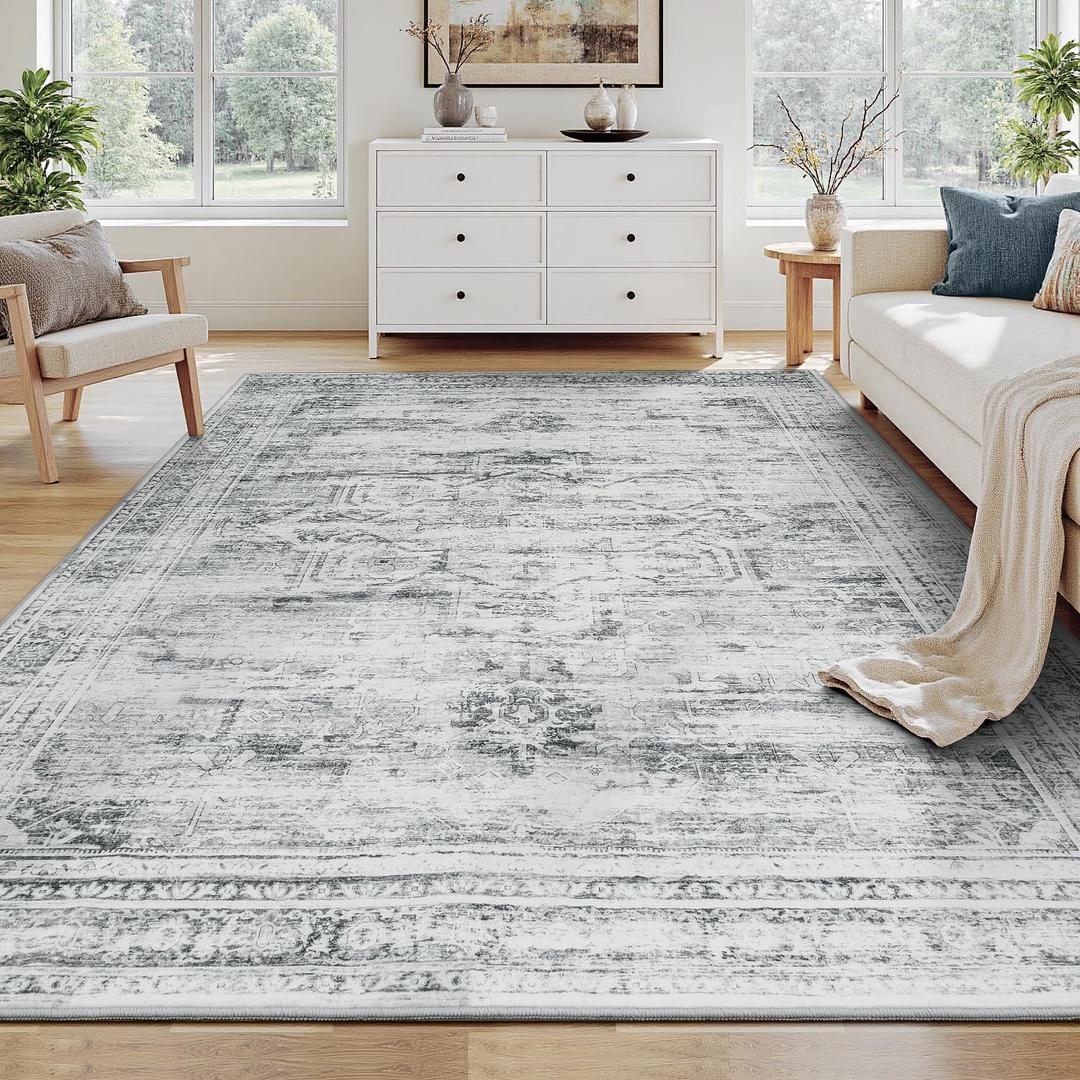 Washable Area Rugs 9x12 Living Room, Large Soft Faux Wool Cozy Bedroom Dining Room Floor Carpets, Neutral Retro Distressed Non Slip Grey White Rug for Inside House Office Decor