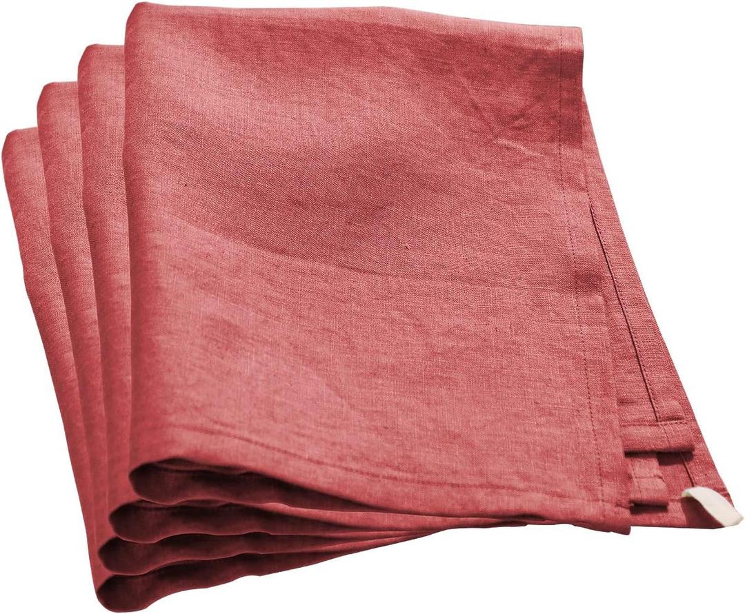 Amazhiyu Pure Linen Dinner Napkins Washable Reusable, Set of 4, 17x17inch, Dark Red