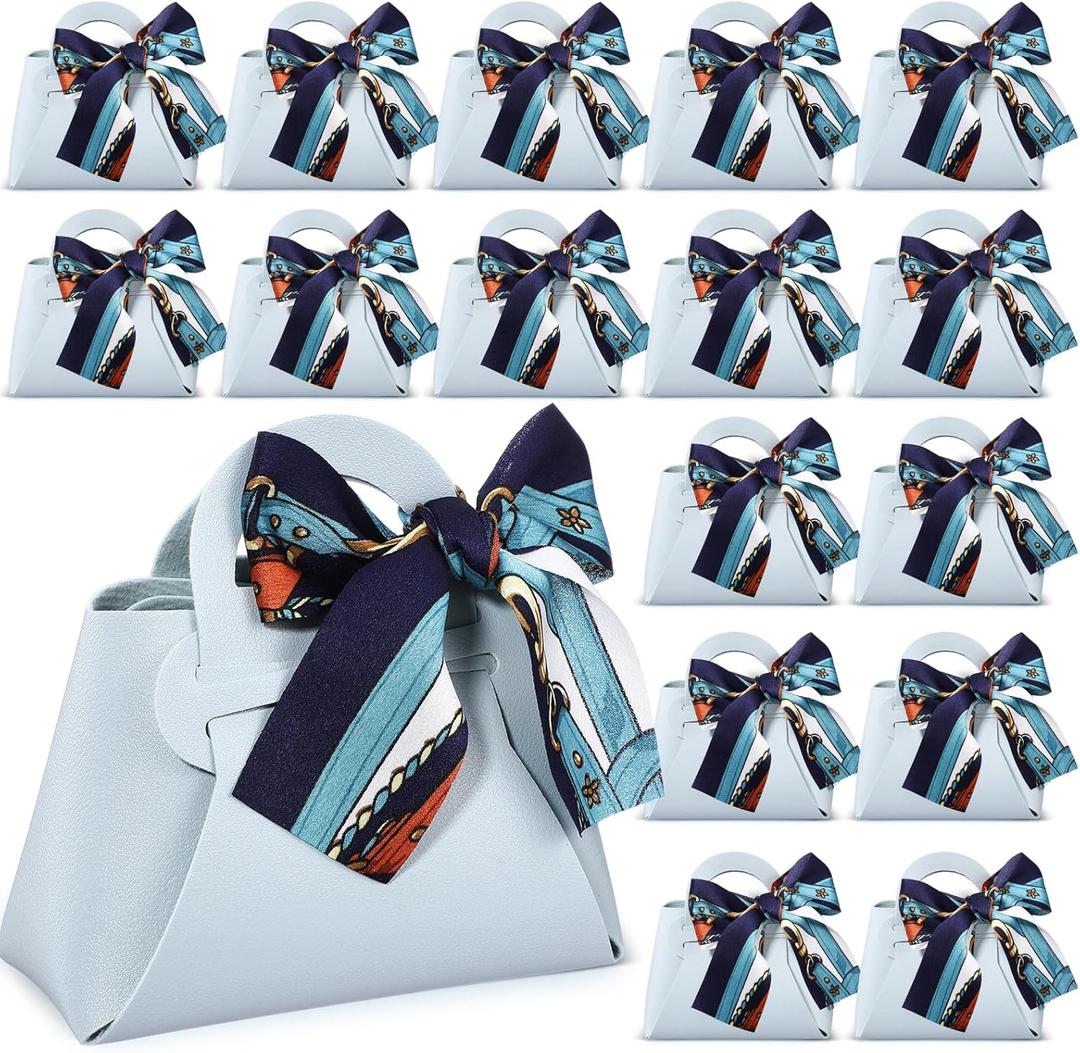 Abbylike 18 Pcs PU Leather Purse Gift Bags with Handles Ribbon Wedding Purse Party Favor Candy Boxes Treat Goodie Bag for Birthday Bridal Baby Showers Party (Blue)