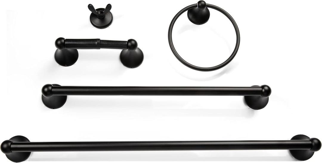 Bathroom Hardware Accessory Set Includes 24’’ and 18"  Towel Bar, Toilet Paper Holder, Hand Towel bar and Robe Hook - Bathroom Towel Rack Set (5 - Piece Accessories Set, Satin Nickel) Matte Black