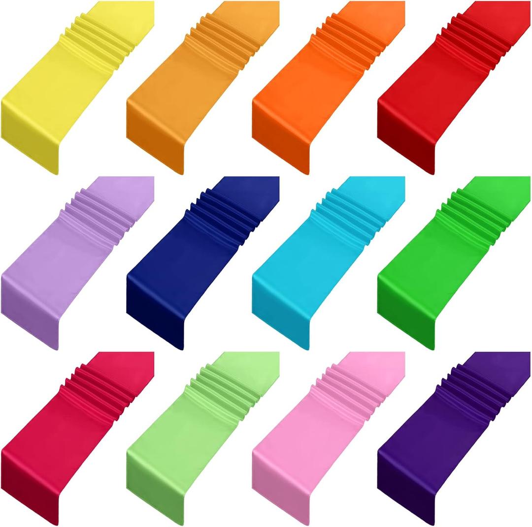 Kinlop Satin Colorful Table Runners 12 x 108 Inch Silk Table Runner for Party Chair Sashes Wedding Banquet Graduations Birthday Reception Decoration, Multi Color(Bright Color, 12 Pcs)