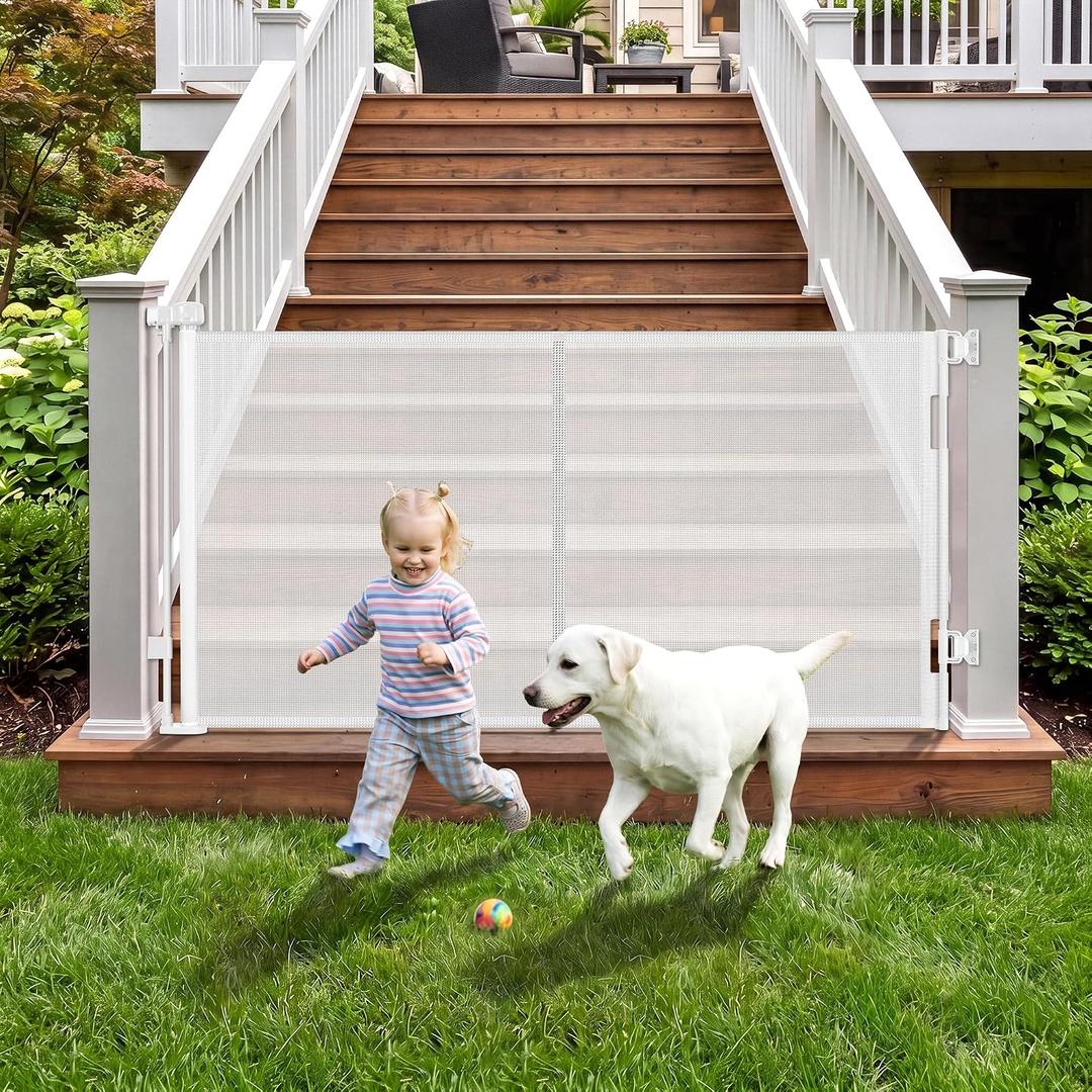 Weatherproof Outdoor Retractable Baby Gate with Rust-Proof Stainless Steel Hardware& Waterproof Mesh, 60" Wide Retractable Dog Gate with Support Rods to Prevent Crawling Through, Mesh Dog Gate Outdoor