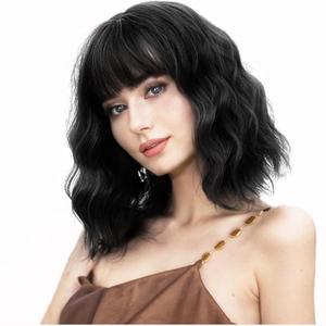 SHDanrtse 14Inch orange Wavy Wig With Air Bangs for Women Short Bob orange Wigs Natural Curly Wavy Shoulder Length orange synthetic wig cosplay Halloween wigorange wig