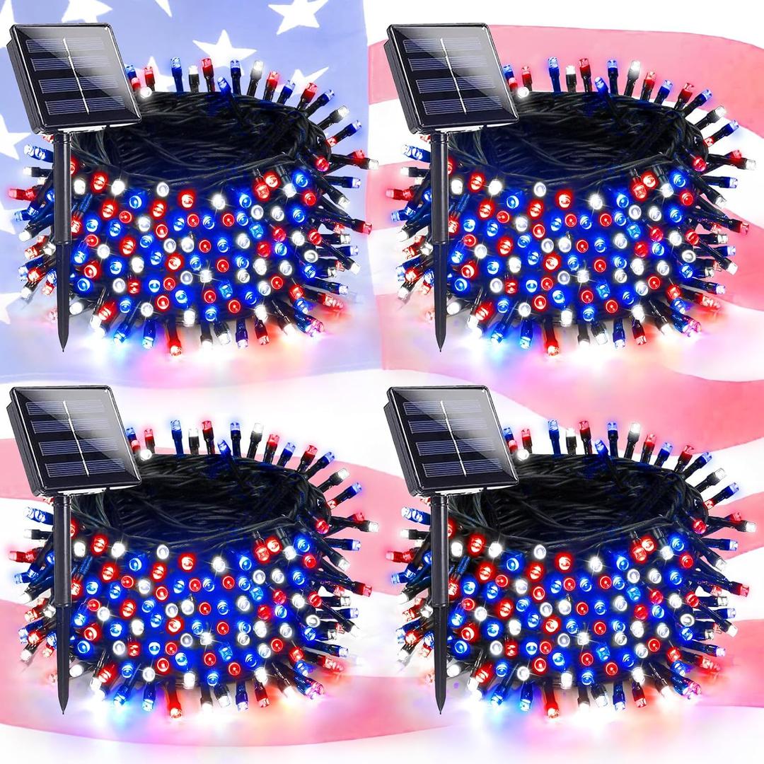 4 Pack Red White and Blue Solar String Lights, 320LED 180FT 4th of July Decorations Outdoor Waterproof, 8 Modes Patriotic Solar Fairy Twinkle Lights for Independence Memorial National Day Decorations
