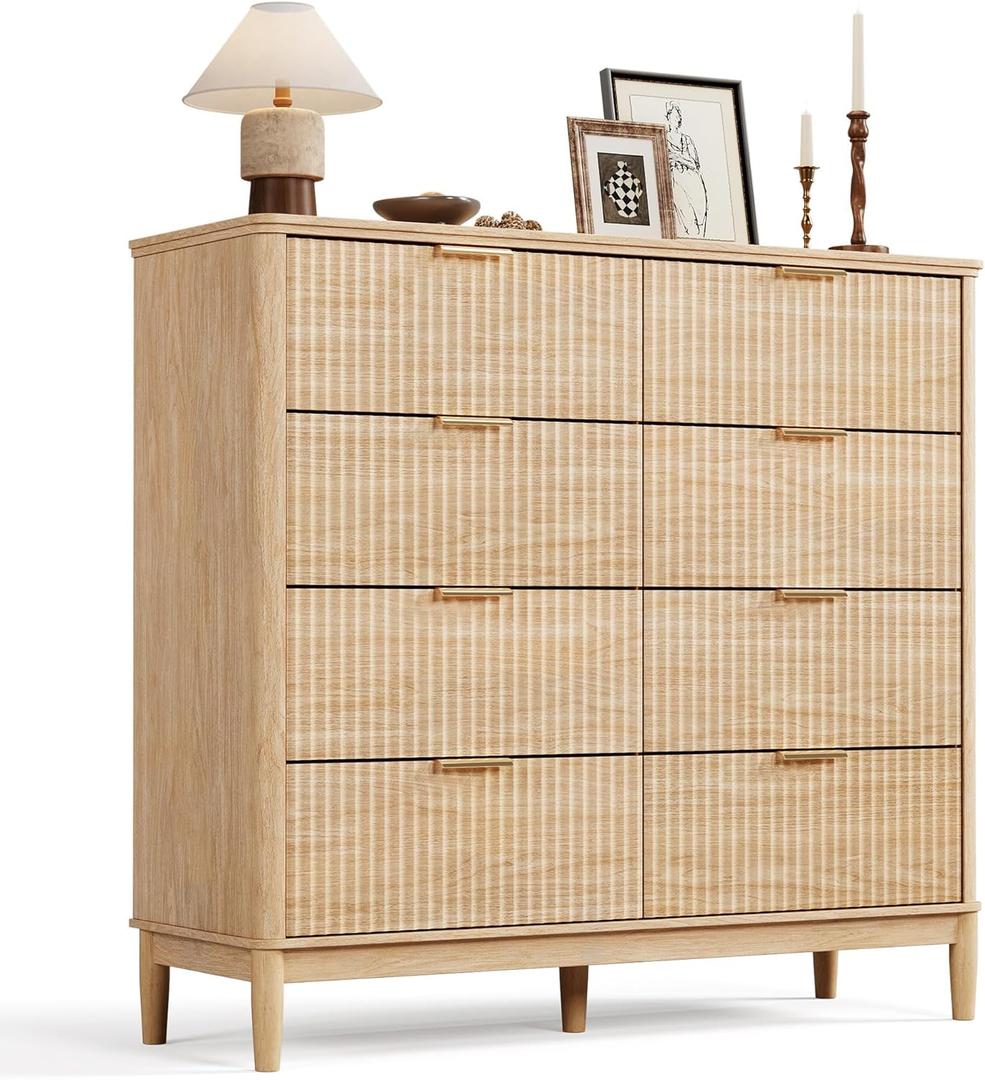 LINSY Fluted Dresser for Bedroom with 8 Drawers, Mid Century Modern Chest of Drawers with Gold Metal Handles, Wide Boho Wood Dressers, Large Farmhouse Storage Cabinet for Bedroom, Living Room, Oak (15.7"D x 47"W x 43.6"H (8 Drawers))