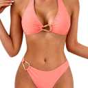 Fanuerg Women's Halter V Neck Bikini Sets Ring Linked Two Piece Swimsuit Cheeky Swim Bathing Suit 2025 (Pink, S)